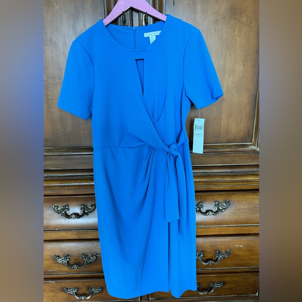 London Times NWT Blue Short Sleeve Faux Wrap Dress